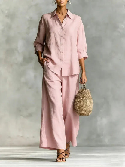 Women's Linen-Look 2-Piece Lounge Set | Casual Long Sleeve Button Shirt & Wide Leg Pants Suit
