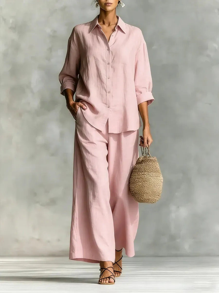 Women's Linen-Look 2-Piece Lounge Set | Casual Long Sleeve Button Shirt & Wide Leg Pants Suit