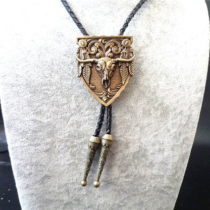 Cravate bolo originale de style western vintage avec tête de vache en cuivre