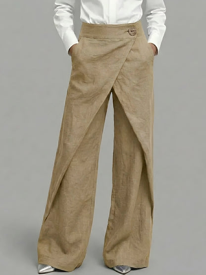High-Waisted Overlap Palazzo Pants | Breathable Linen-Cotton Wide-Leg Trousers with Button Detail
