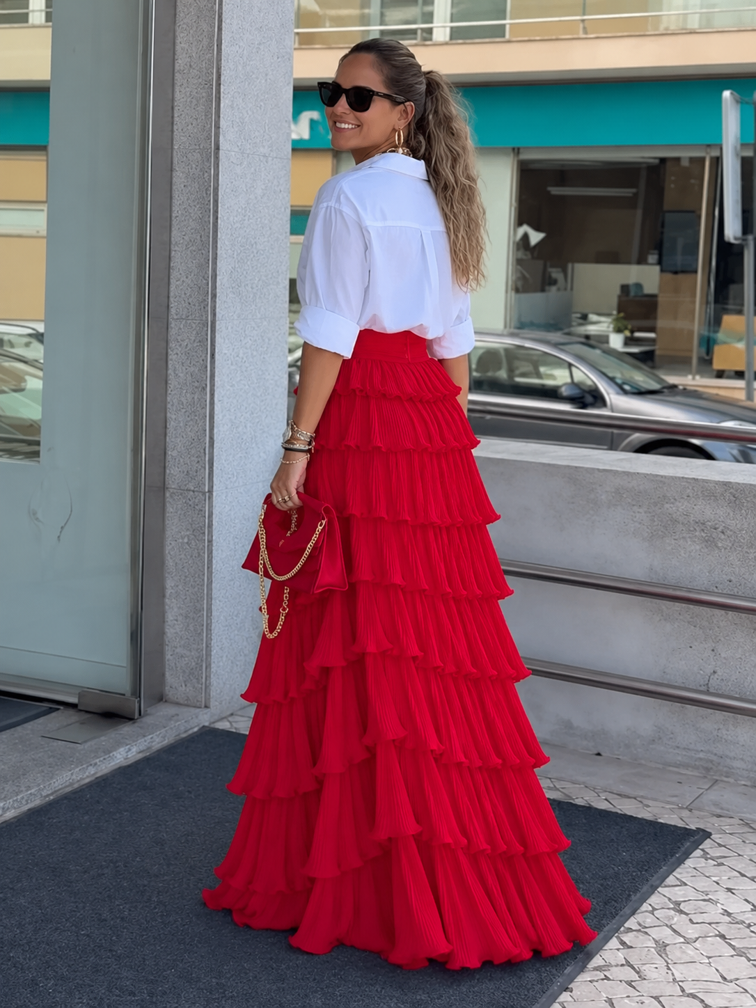 Women's Solid-Color Patchwork Longline Stretch Midi High-Waist Skirt