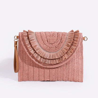 Bohemian Straw Envelope Clutch Bag - Vintage Woven Crossbody Purse with Tassels & Pom Poms for Women