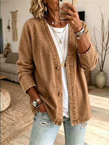Women's Loose Casual V-Neck Denim Cardigan Jacket | Plus Size Long Sleeve Washed Blue Jean Coat Outwear