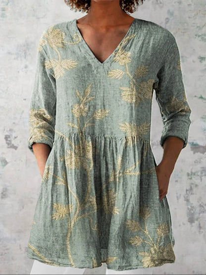 Women's Retro Floral Art Print Casual Cotton And Linen Shirt