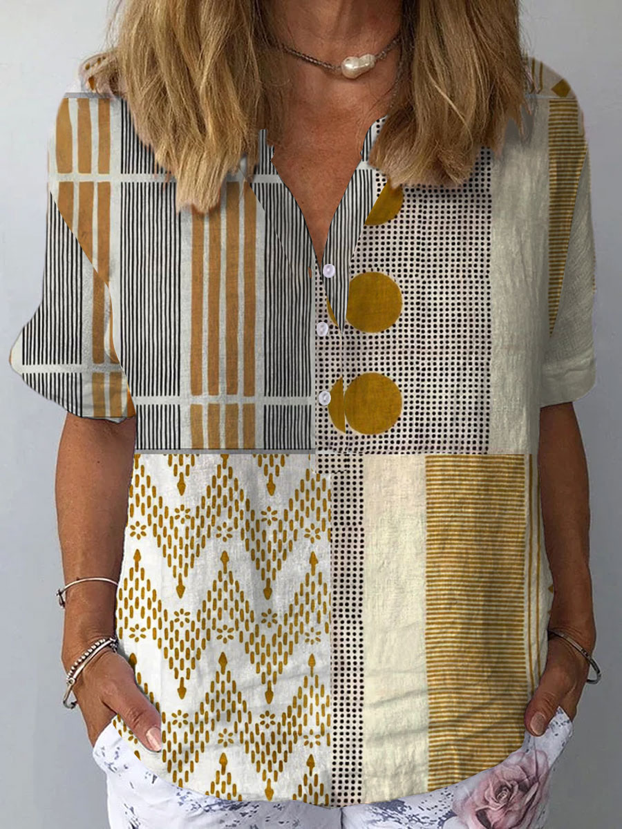 Women's Vintage Abstract Geometry Art Print Casual Cotton And Linen 3/4 Sleeve Shirt