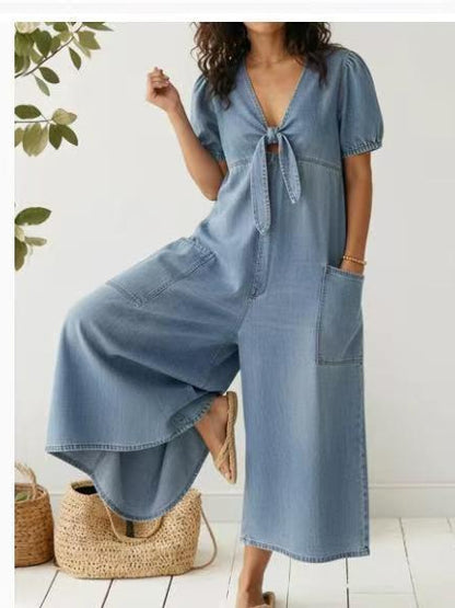 Women's Short Sleeve Denim Jumpsuit | Casual Deep V-Neck Tie Front Wide Leg Romper