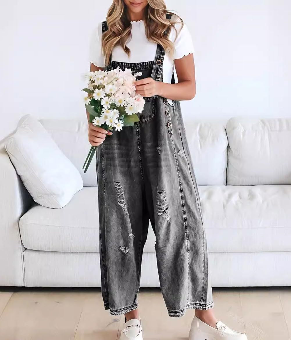 Vintage Washed Denim Bib Overalls for Women - Flattering Relaxed Fit Harem One-Piece