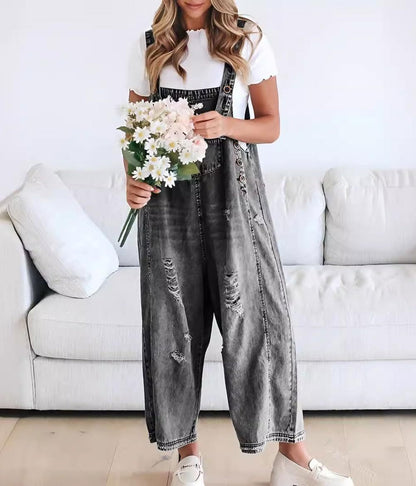 Vintage Washed Denim Bib Overalls for Women - Flattering Relaxed Fit Harem One-Piece