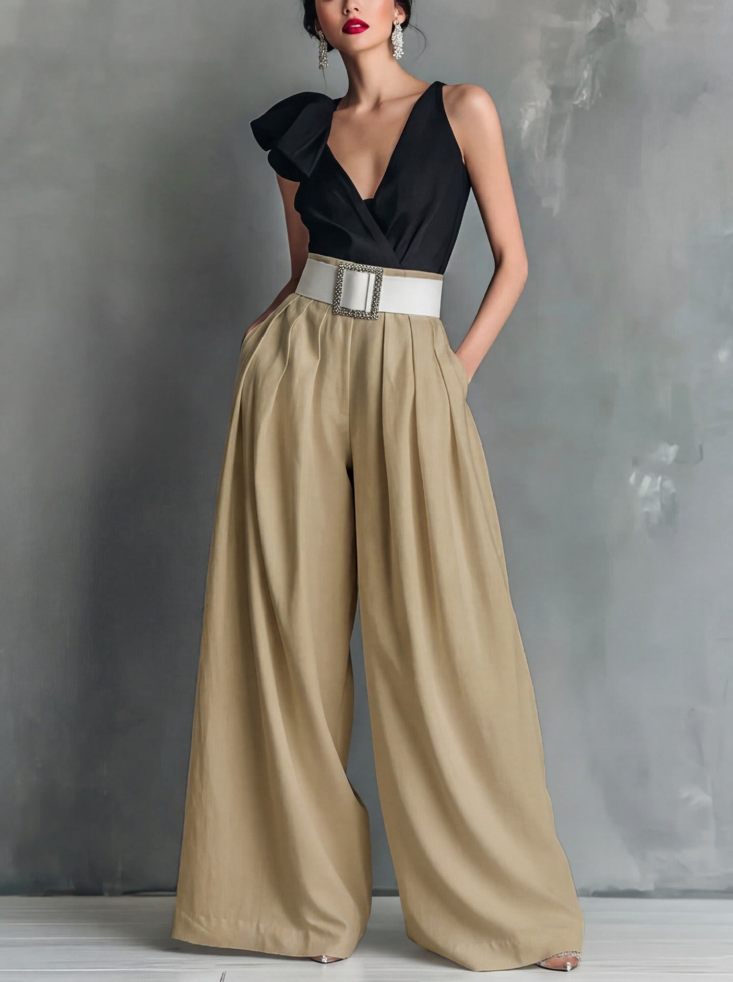 Women's High Waisted Wide Leg Pants - Elegant Pleated Flowy Palazzo Trousers