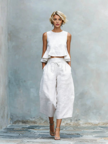 Ensemble en mélange de lin sculpté 2 pièces pour l'été | Haut sans manches à volants et jupe-culotte taille haute à jambes larges