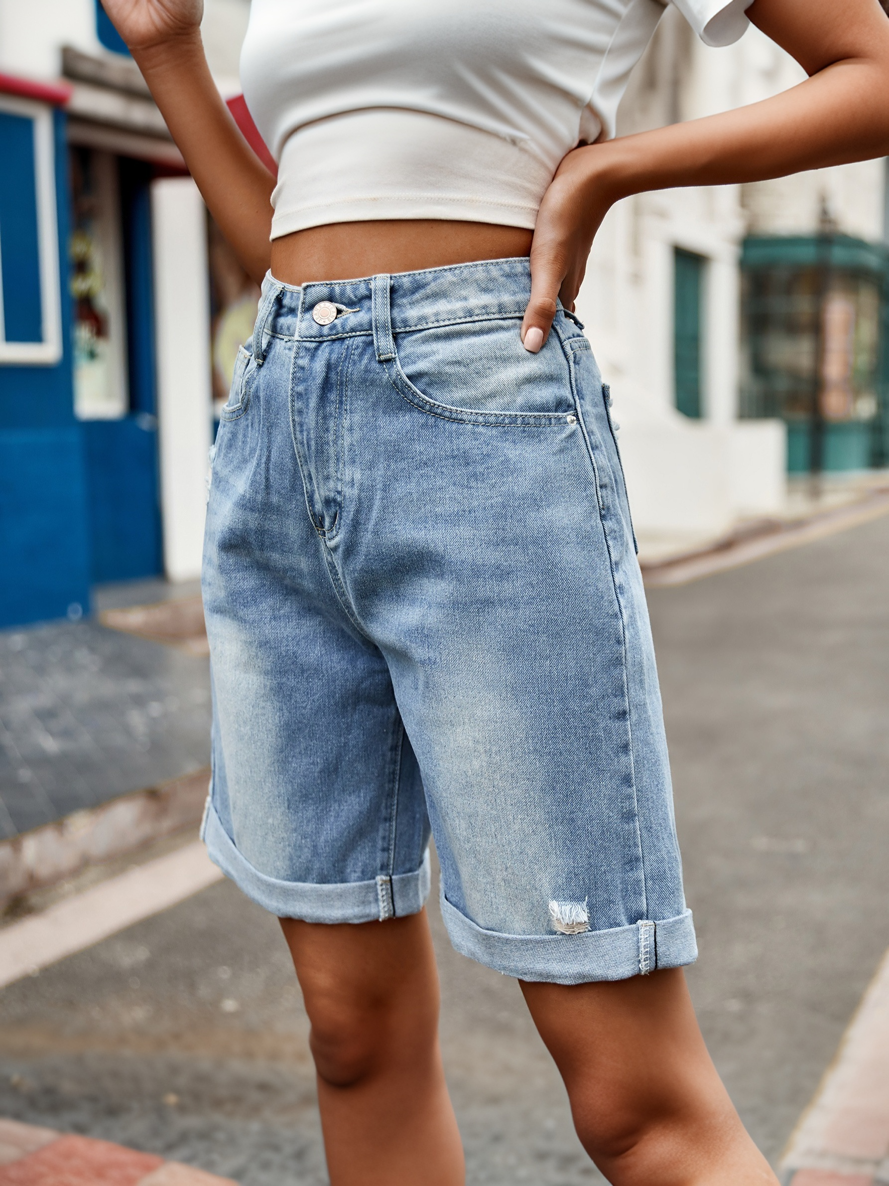 Women's Distressed Bermuda Denim Shorts | Mid-Thigh Loose Fit Washed Blue Jean Shorts with Rolled Cuffs