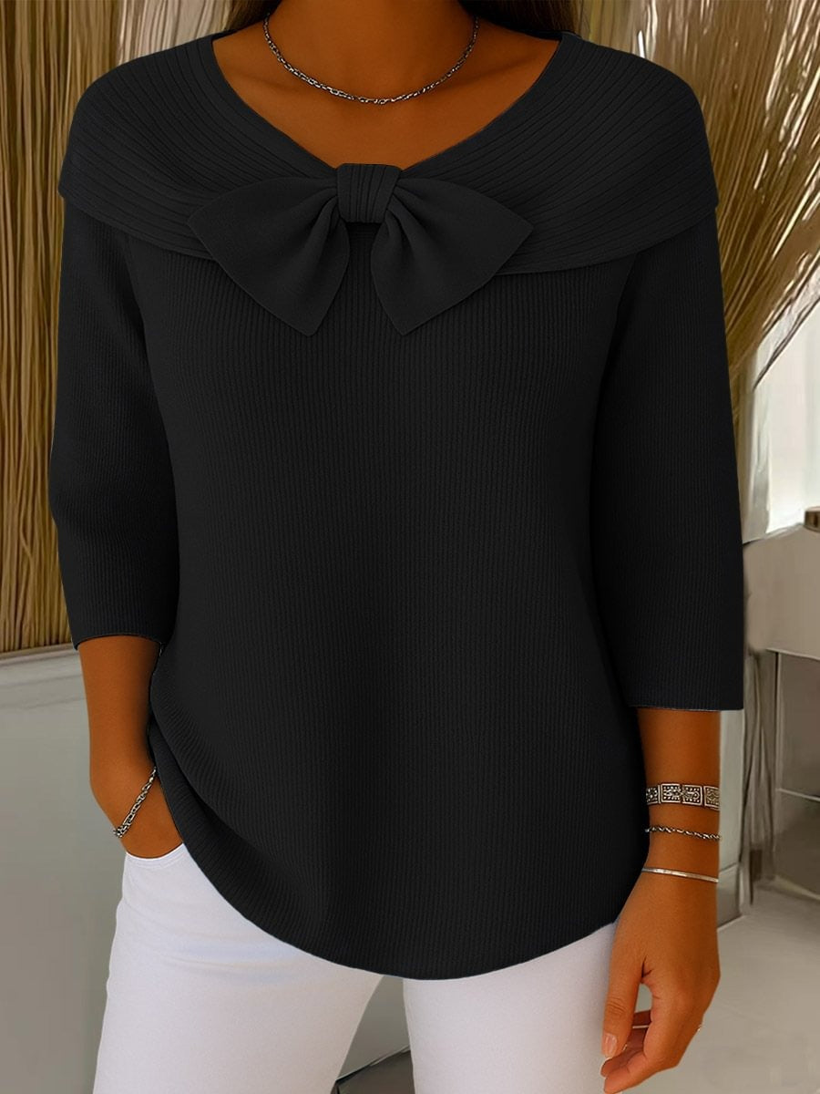 Women's Large Bow Off-the-Shoulder Knit Sweater | Casual Long Sleeve Ribbed Jumper Top