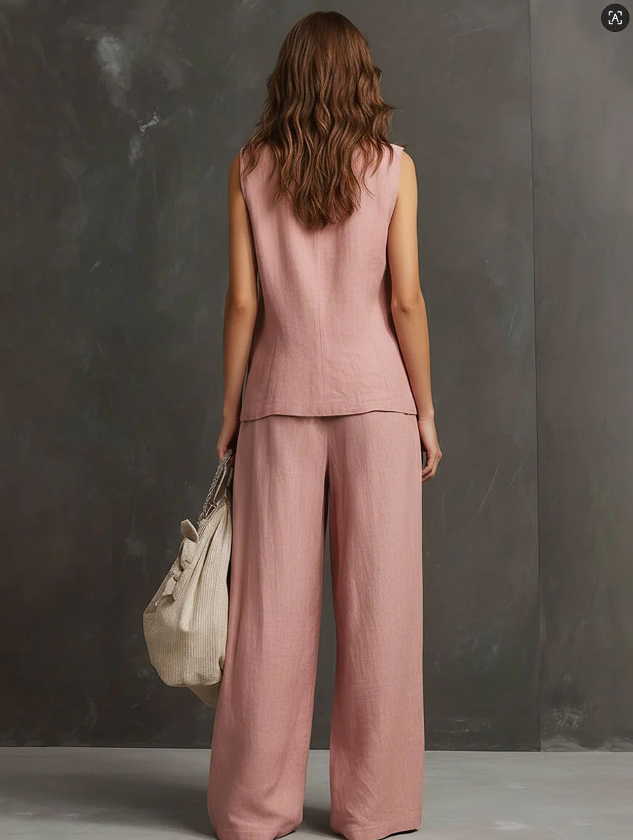 Chic Cotton Linen Blend 2-Piece Set - Sleeveless Button-Down Vest & High-Waist Wide Leg Pants Lounge Set