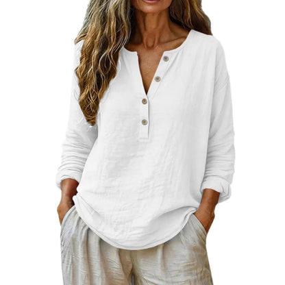 Chemise décontractée à manches longues en coton et lin | Haut d'été respirant semi-boutonné