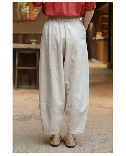 PromiseGift Retro Relaxed Fit Tapered Trousers | Sustainable Ramie Cotton Lantern Pants