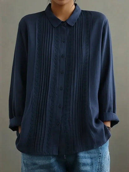 Vintage Pleated Lace Trim Cotton Linen Long Sleeve Blouse