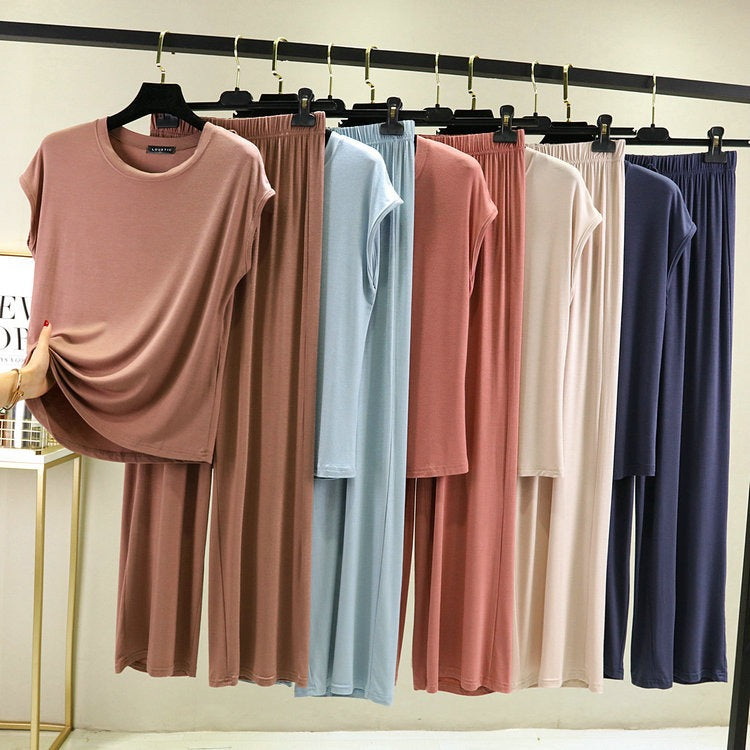 Women's Modal 2-Piece Lounge Set - Cap Sleeve Tee & Wide Leg Pants Pajama Set