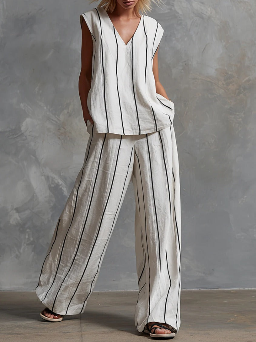 Women's Vertical Striped Linen 2-Piece Set | Casual V-Neck Sleeveless Top & Wide Leg Pants Suit