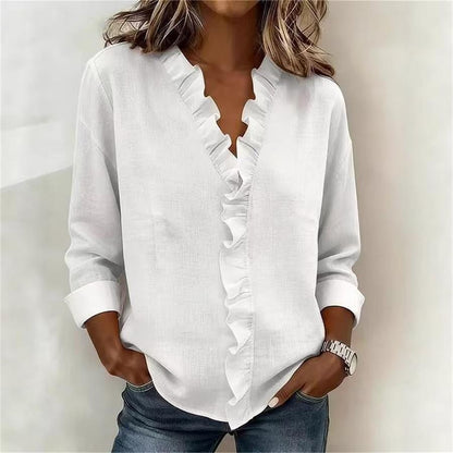 Cascading Ruffle Front Long Sleeve Shirt | Breathable Slub Cotton-Linen Blouse