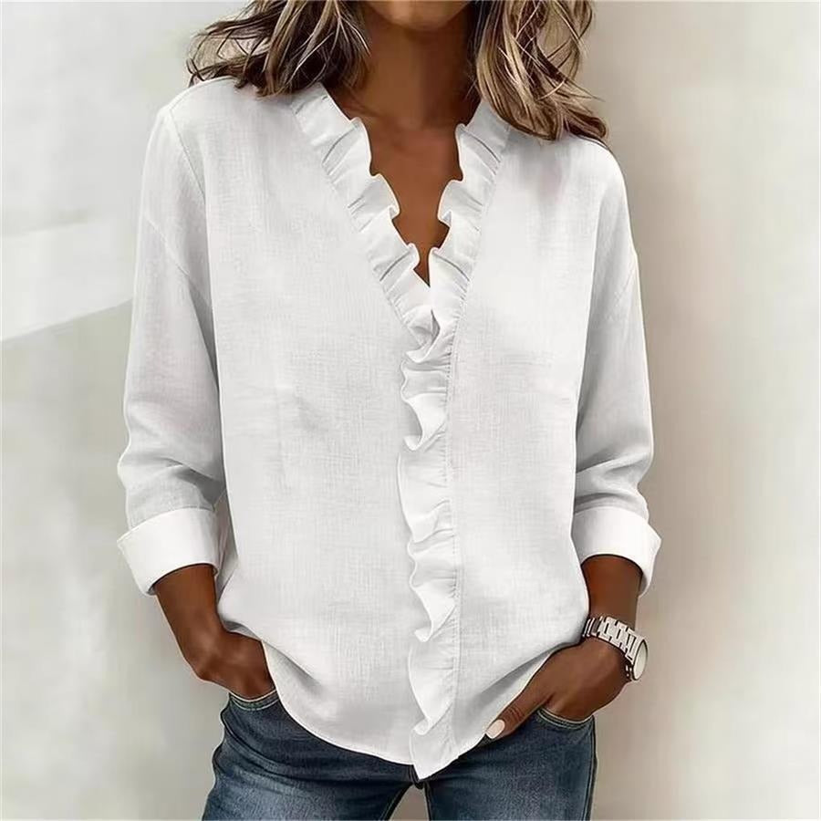 Cascading Ruffle Front Long Sleeve Shirt | Breathable Slub Cotton-Linen Blouse