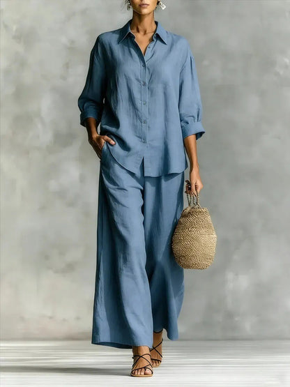 Women's Linen-Look 2-Piece Lounge Set | Casual Long Sleeve Button Shirt & Wide Leg Pants Suit