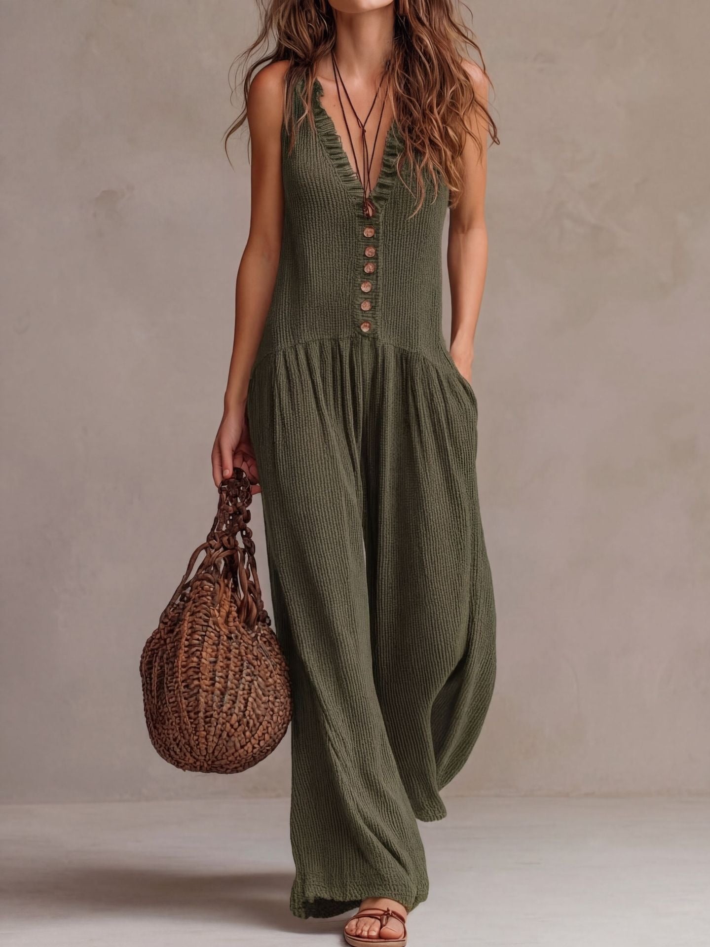 Sleeveless Button-Down Harem Jumpsuit | Earthy Brown Textured Summer One-Piece