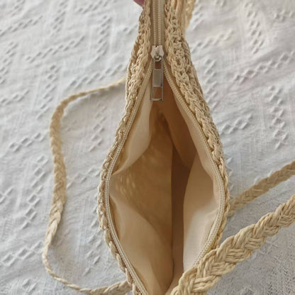 Bohemian Crochet Half-Moon Crossbody Bag - Vintage Woven Mesh Straw & Yarn Beach Purse with Tassels