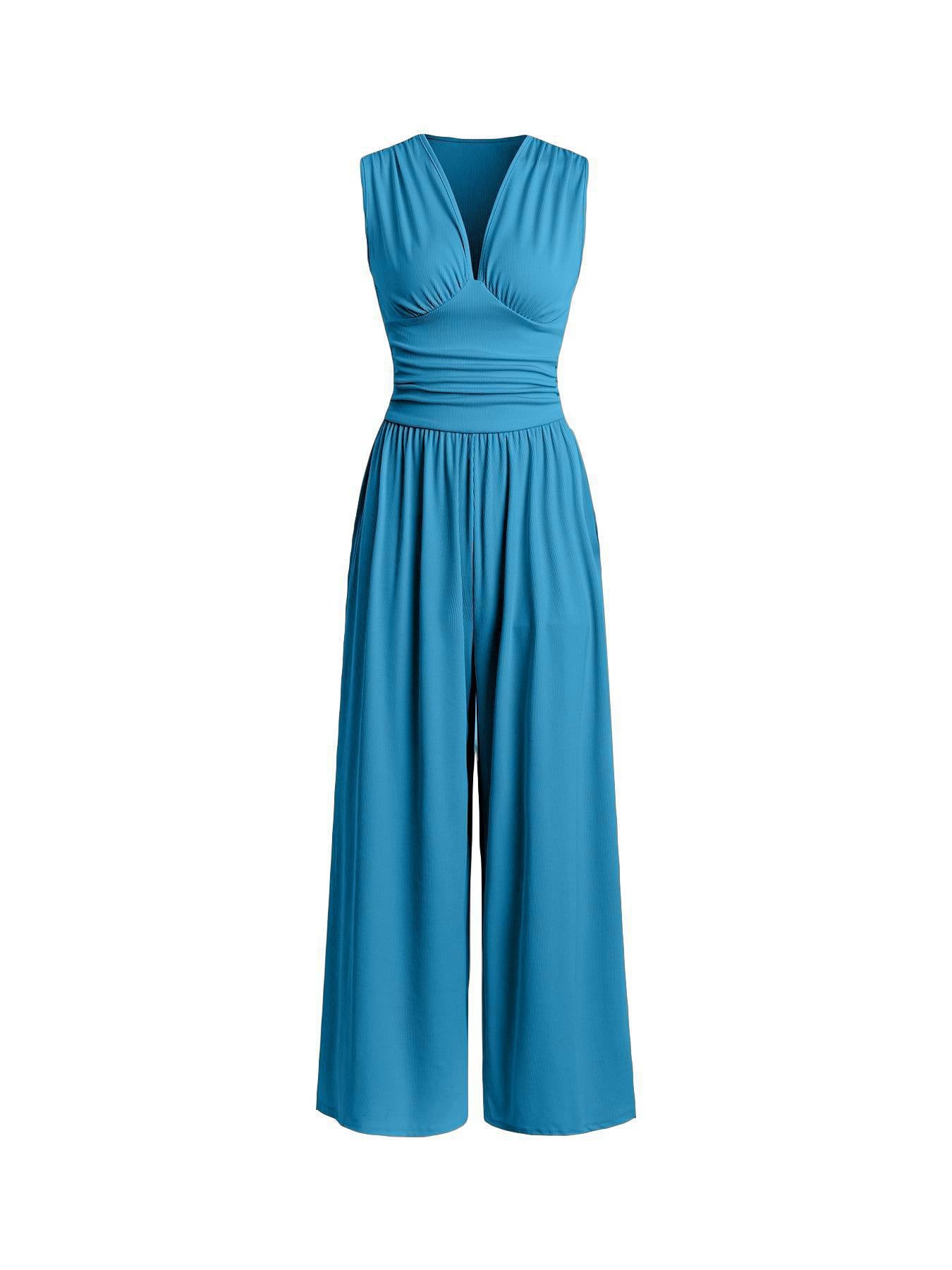 Chic Plunging V-Neck Sleeveless Jumpsuit - Elegant Ruched Waist Ribbed Knit Wide-Leg Romper for Women