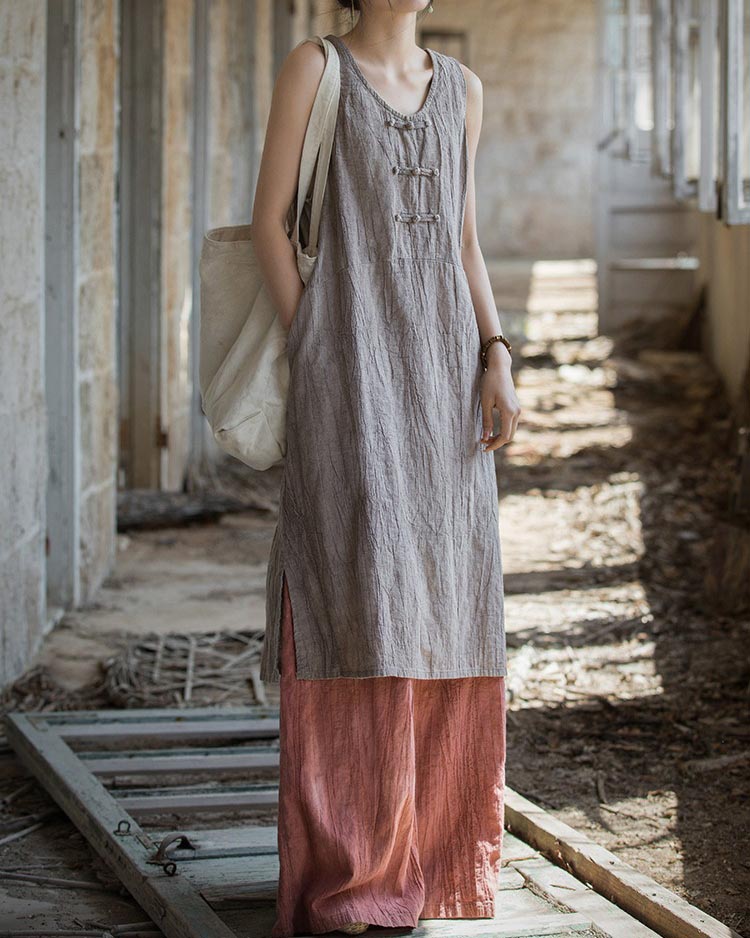 Robe longue sans manches style néo-chinois | Robe boutonnée col mandarin 70% lin avec fentes