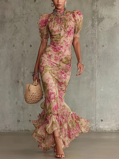 Robe longue en mousseline florale pour femme - Robe sirène à col montant et manches bouffantes
