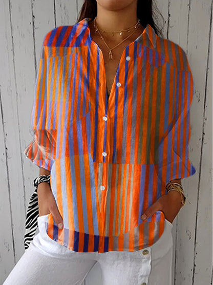 Women's Vintage Colorblock Striped Art Print Casual Cotton And Linen 3/4 Sleeve Shirt
