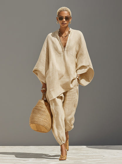 Women's Linen Two Piece Outfits – Loose Oversized V-Neck Tunic Top and Jogger Pants Set, Summer Vacation Boho Co-ord Set