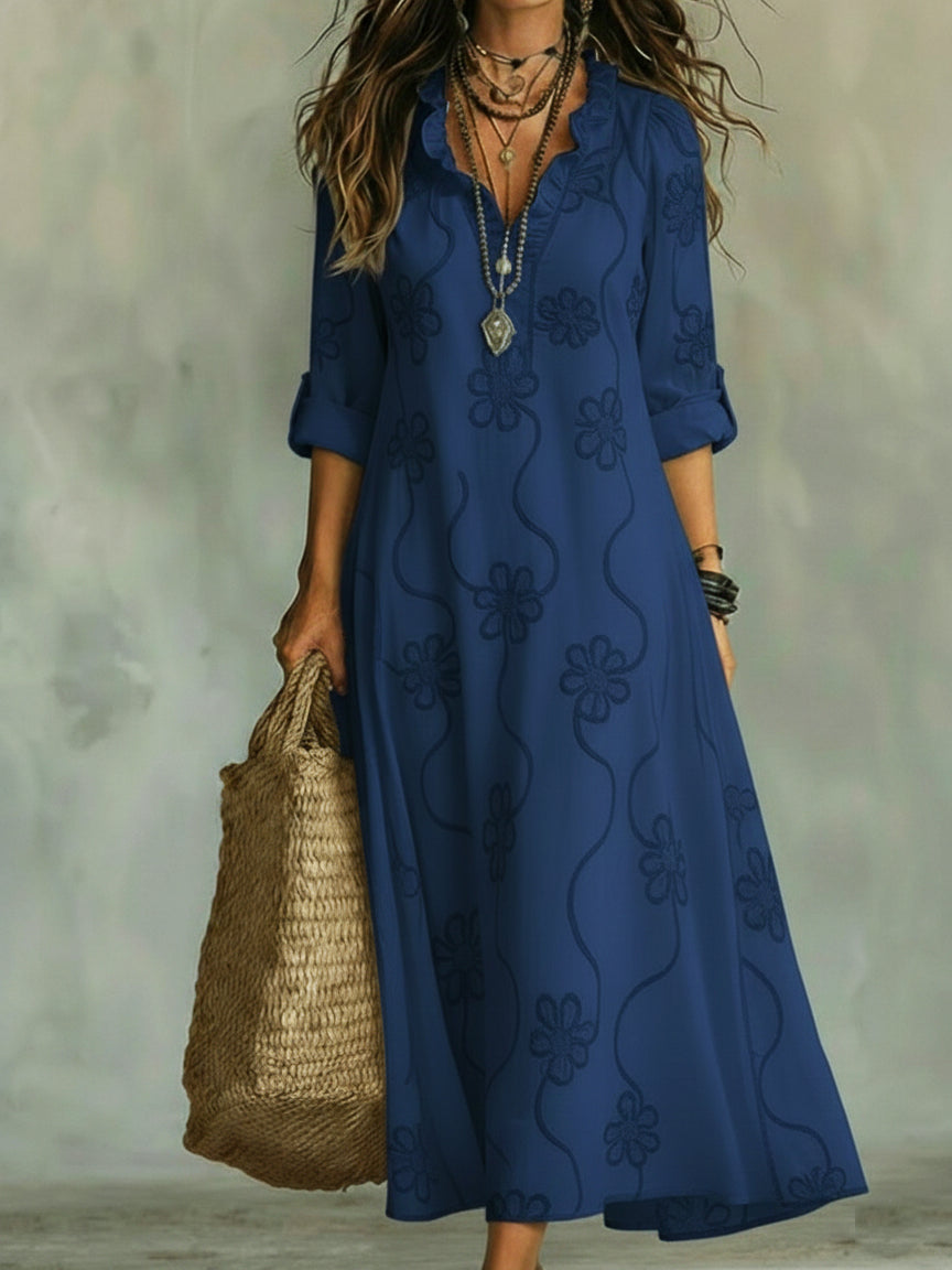 Vintage-Inspired Floral A-Line Dress - Elegant Ruffled Collar Midi