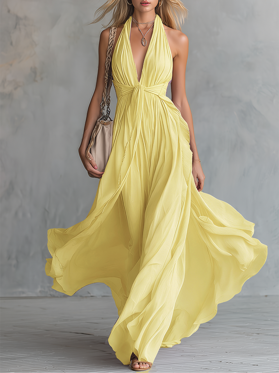 Robe longue en mousseline élégante et stylée avec col montant et décolleté en V sans manches