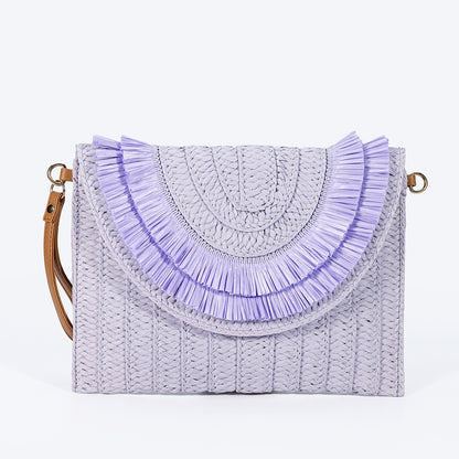 Bohemian Straw Envelope Clutch Bag - Vintage Woven Crossbody Purse with Tassels & Pom Poms for Women