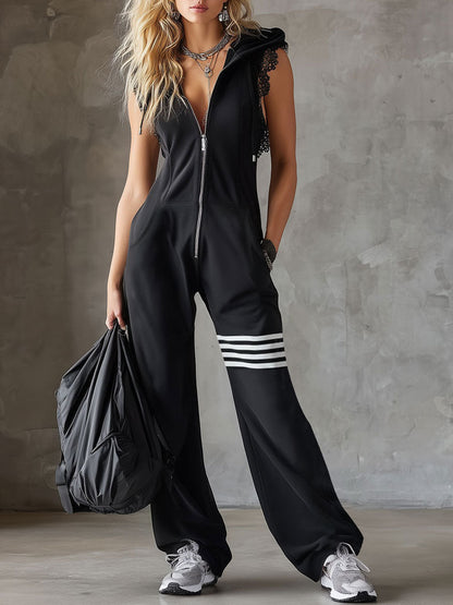 Combinaison à capuche sans manches noire rayée, style sportif rétro avec lacets