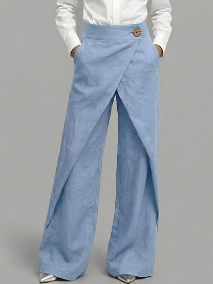 High-Waisted Overlap Palazzo Pants | Breathable Linen-Cotton Wide-Leg Trousers with Button Detail