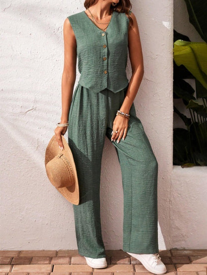 Ensemble deux pièces d'été PromiseGift | Gilet col V et pantalon palazzo taille haute vert sauge
