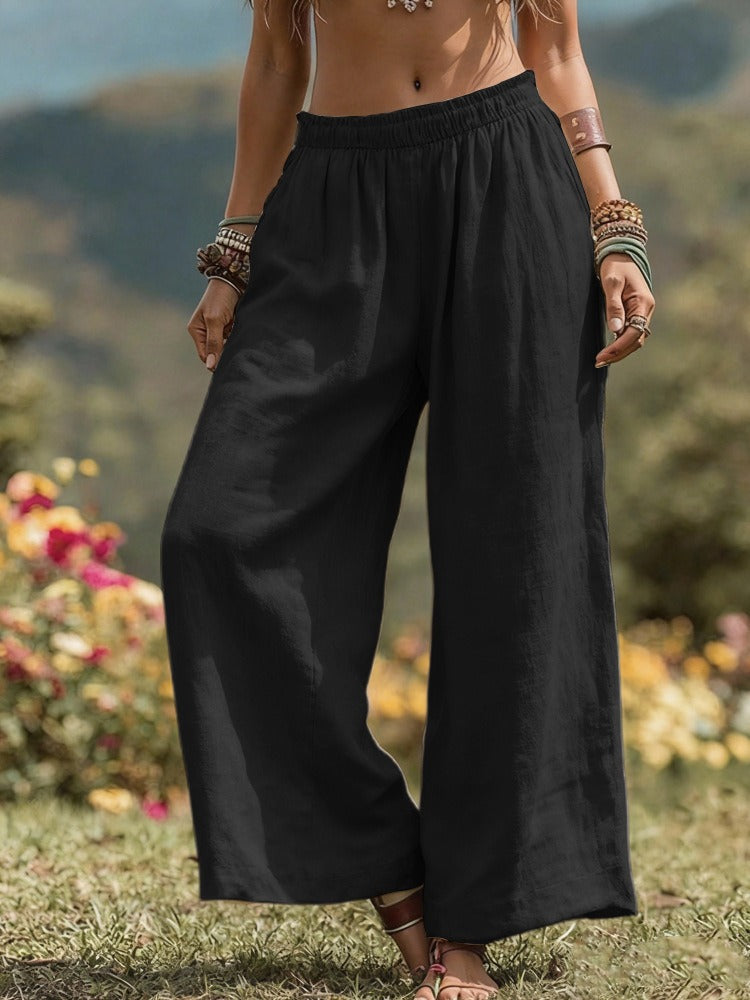 High-Waisted Smocked Elastic Waist Trousers | Breathable Boho Summer Palazzo Pants