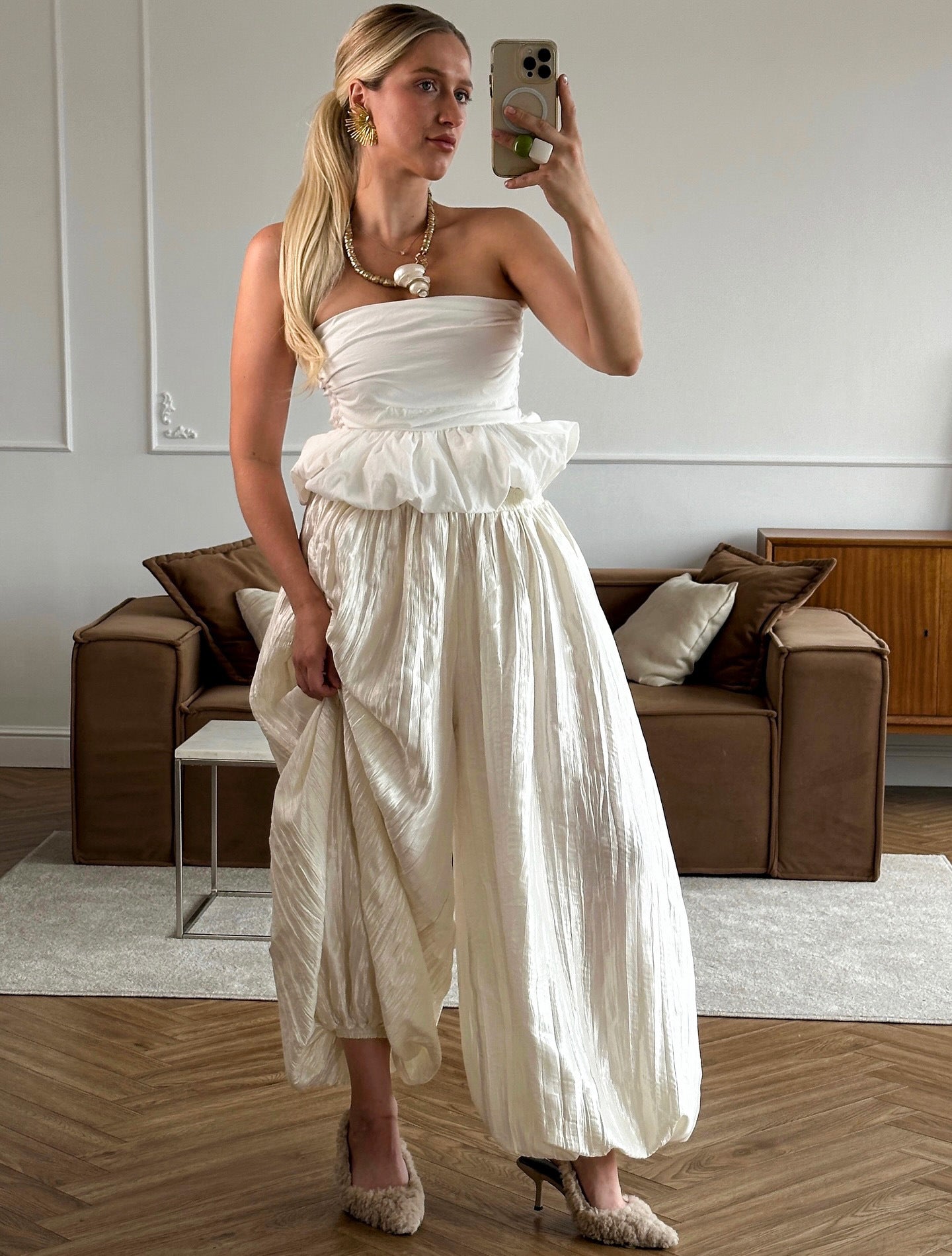 High-Waisted Bubble Hem Maxi Skirt in Pearl White | Airy Tencel Silk-Touch Skirt