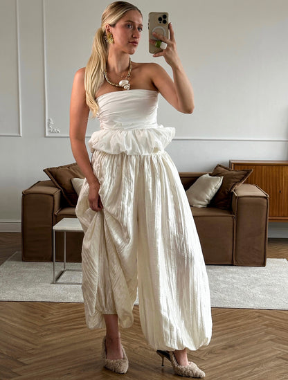 High-Waisted Bubble Hem Maxi Skirt in Pearl White | Airy Tencel Silk-Touch Skirt