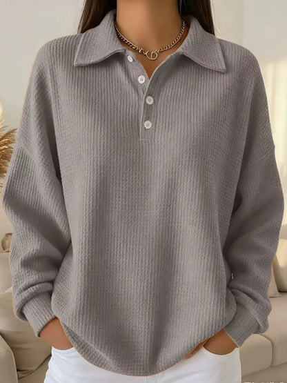 Chic Solid Color Waffle Sweater for Women - Oversized Button Front Casual Jumper