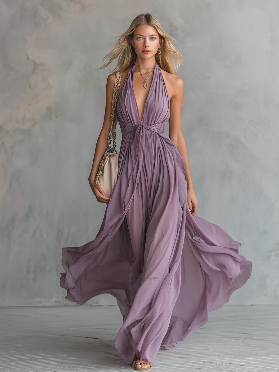 Robe longue en mousseline élégante et stylée avec col montant et décolleté en V sans manches