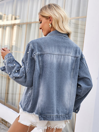 Vintage Pearl Embellished Denim Jacket for Women - Drop Shoulder Button-Down Outerwear