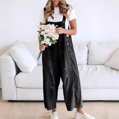 Vintage Washed Denim Bib Overalls for Women - Flattering Relaxed Fit Harem One-Piece