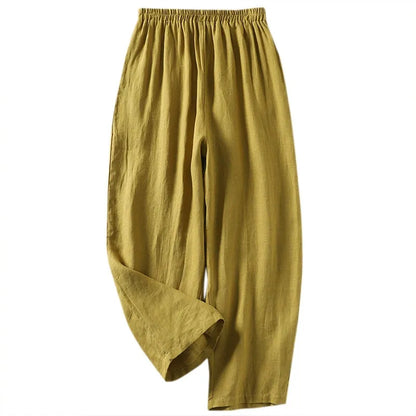 High-Waisted Smocked Elastic Waist Pants | Breathable Linen-Blend Lantern Trousers