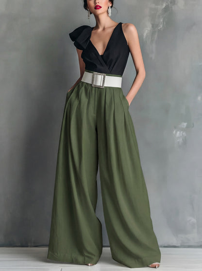 Women's High Waisted Wide Leg Pants - Elegant Pleated Flowy Palazzo Trousers