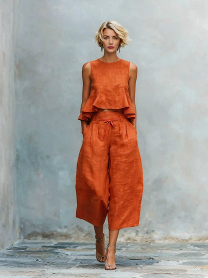 Ensemble en mélange de lin sculpté 2 pièces pour l'été | Haut sans manches à volants et jupe-culotte taille haute à jambes larges