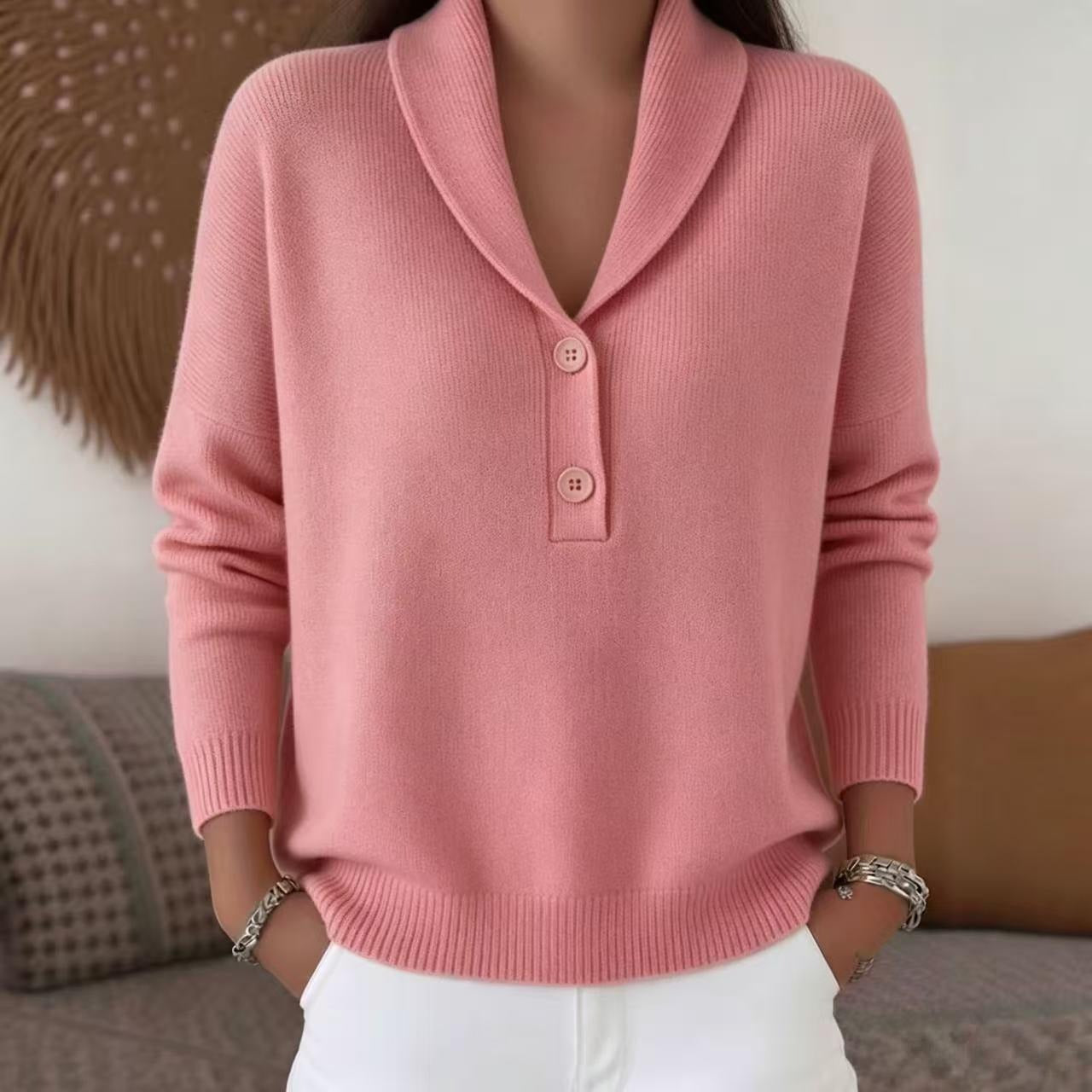 Chic Ribbed Neckline Pullover Sweater for Women - Retro Slouchy Loose Fit Jumper