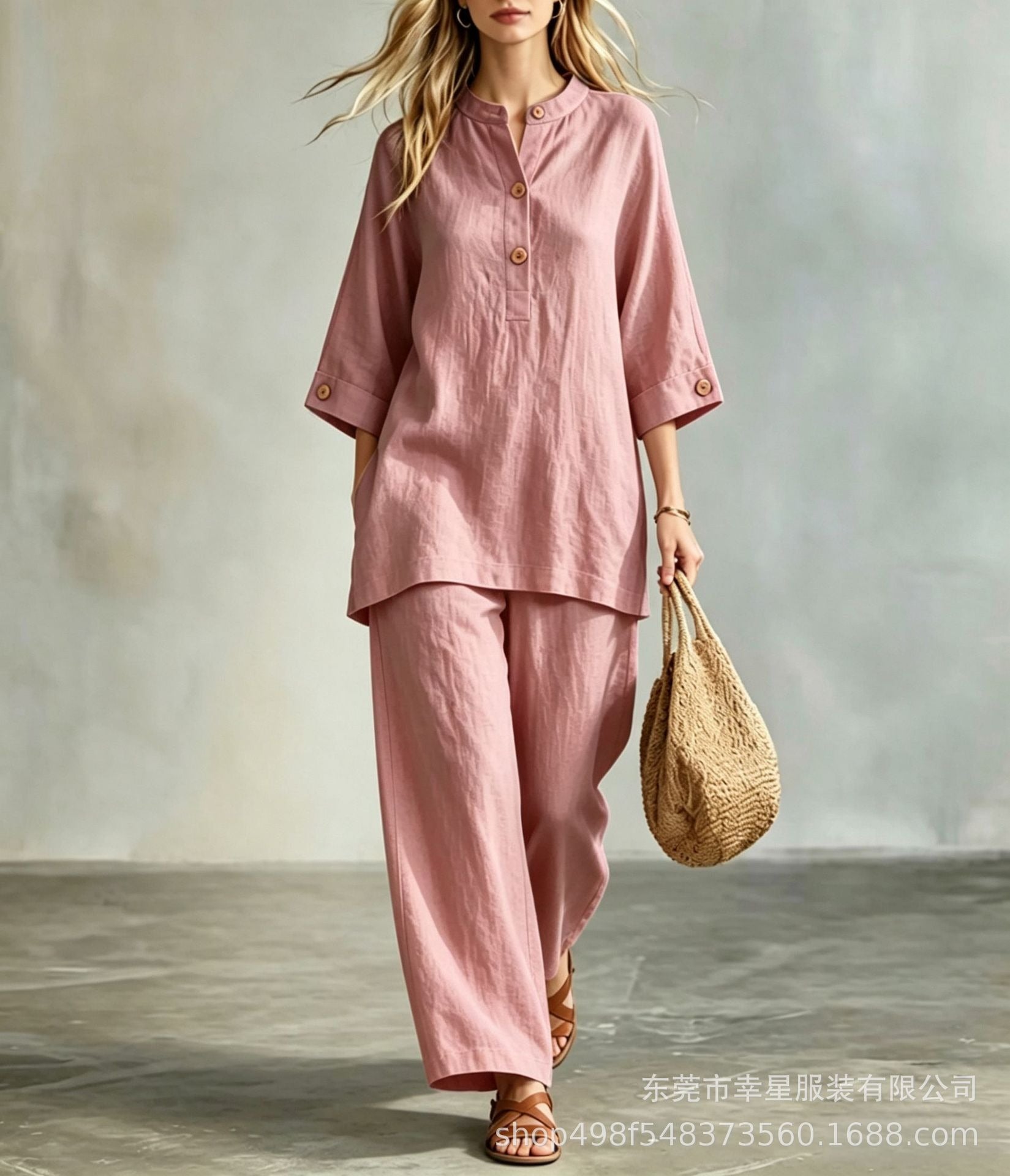 Women's Linen Look 2-Piece Lounge Set | Casual Half Sleeve Button Top & Wide Leg Pants Suit